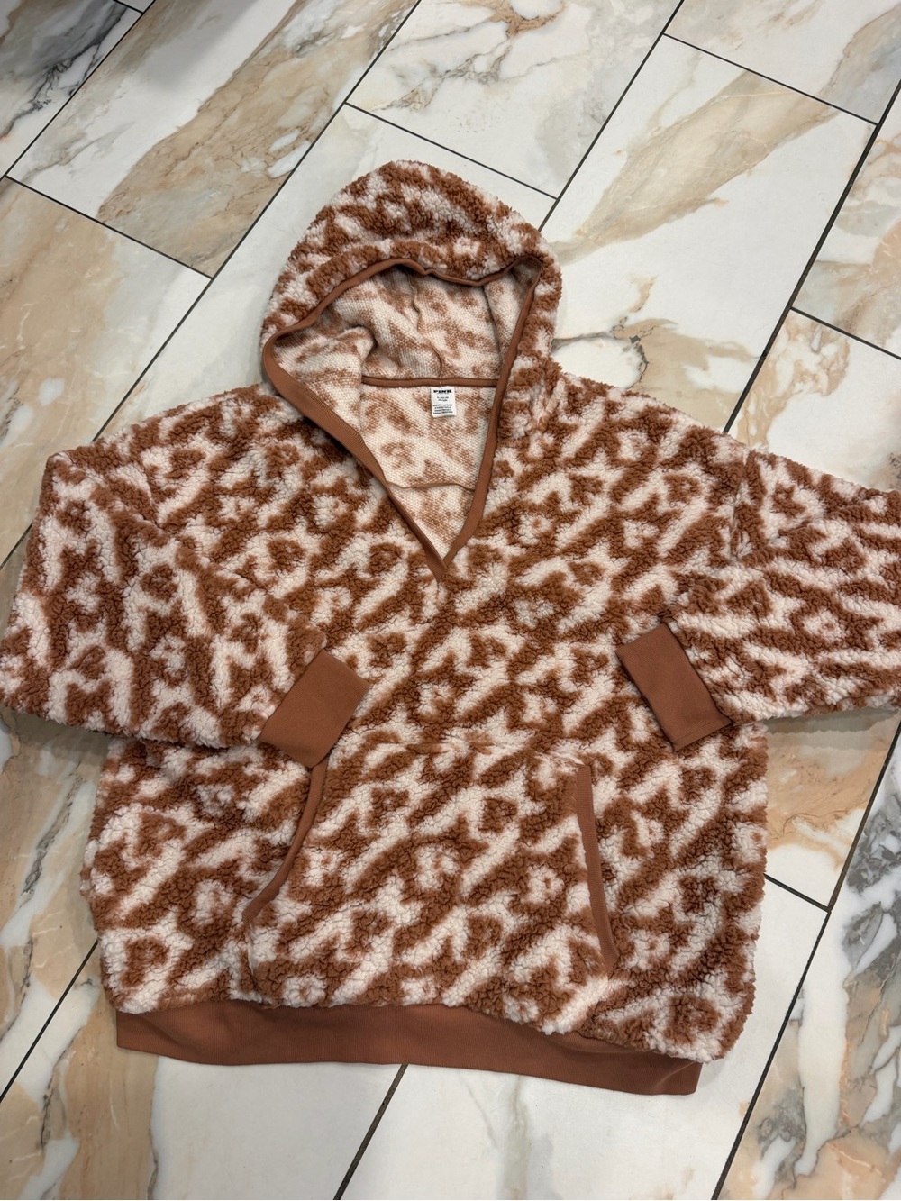 PINK Victoria's Secret Brown & Cream Patterned Fleece Crewneck Hoodie